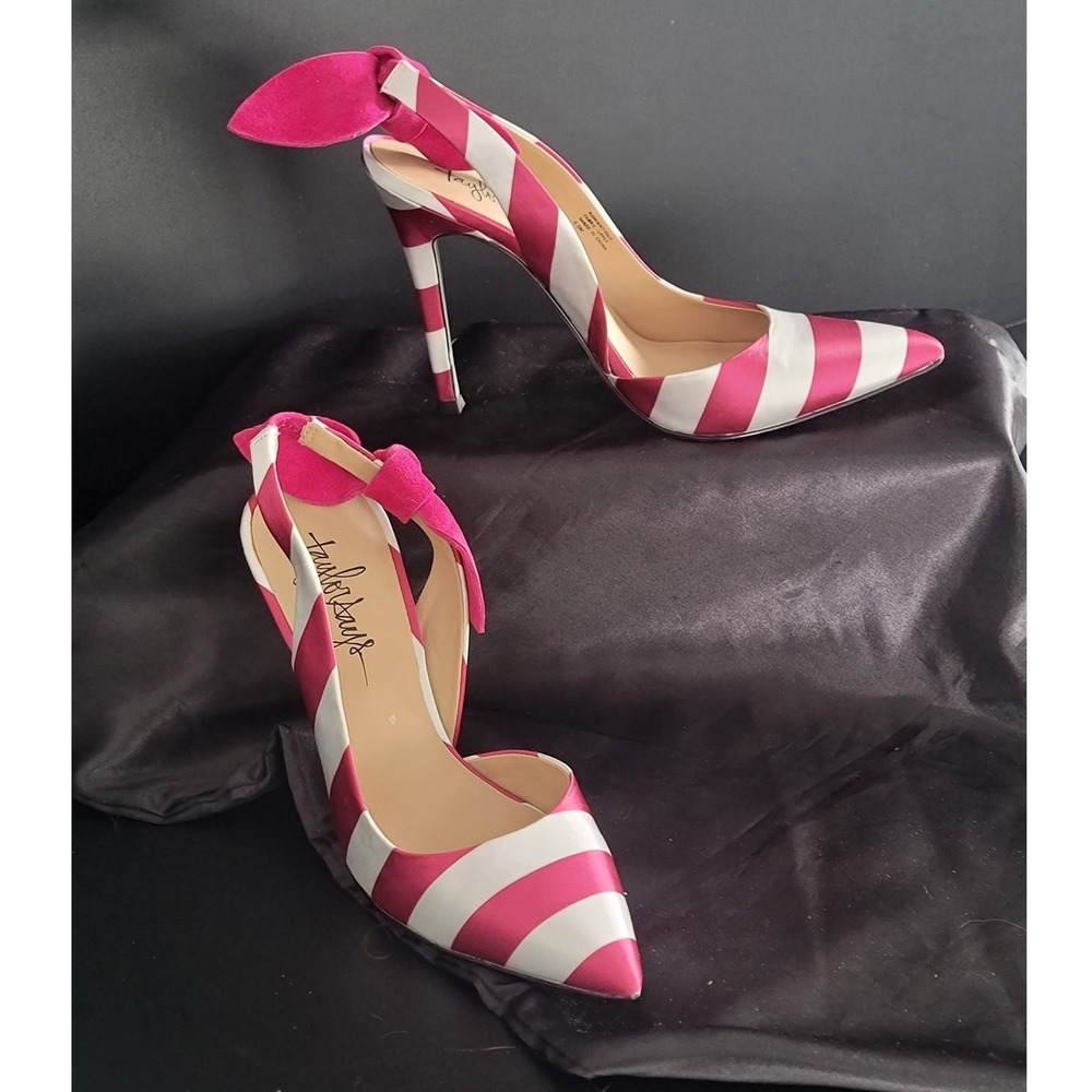 Taylor Says Romantique Pink‎ White Striped Slingback Bow Pumps Eiffel Tower Sole